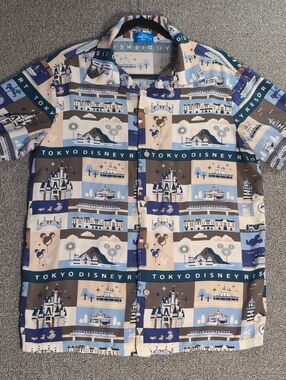 Tokyo Disney Resort Retro Block Graphic Aloha Shirt Rayon Resortwear Japan